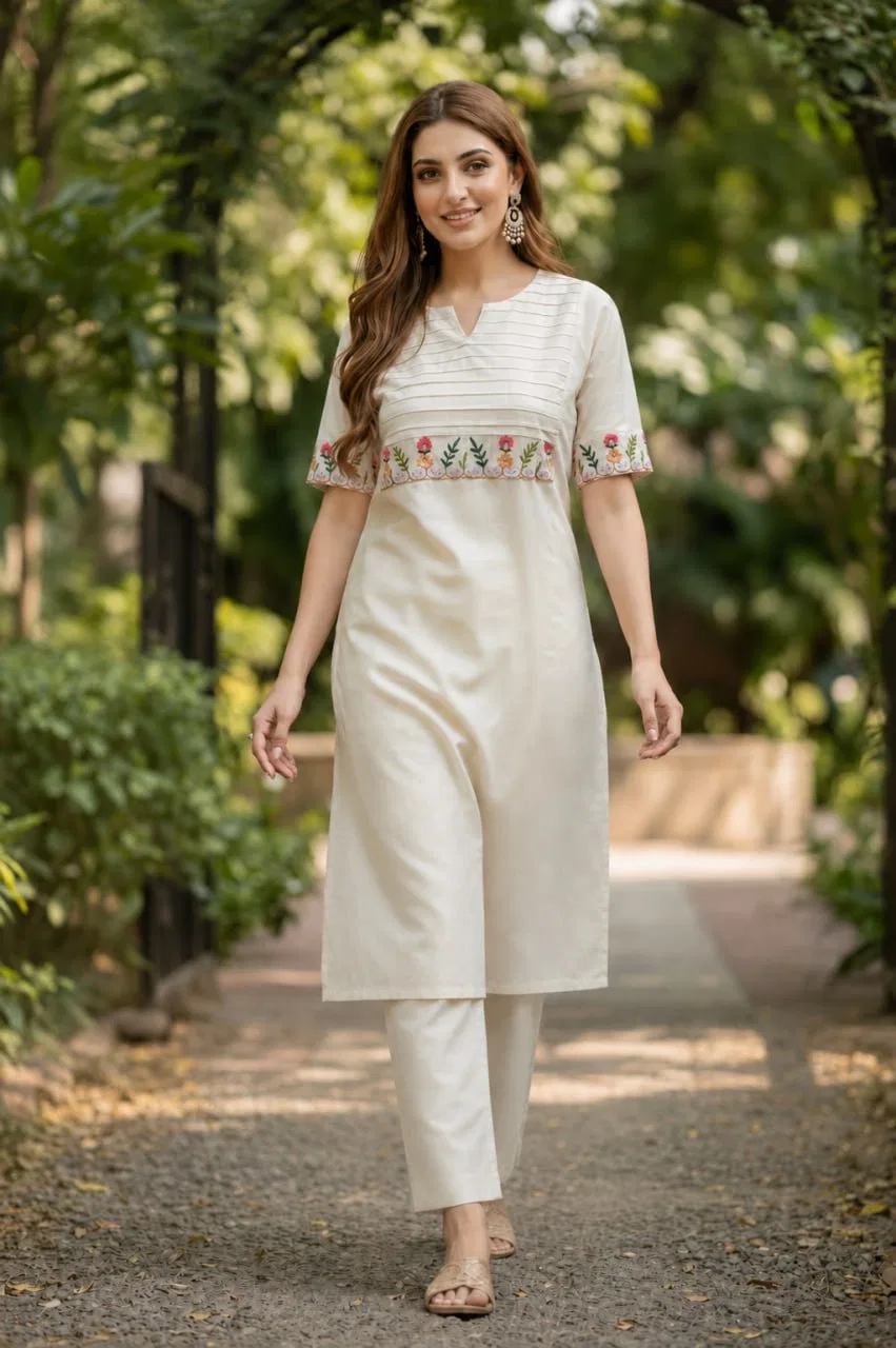 Elegant Cream Embroidered Women's Kurta Pant Set